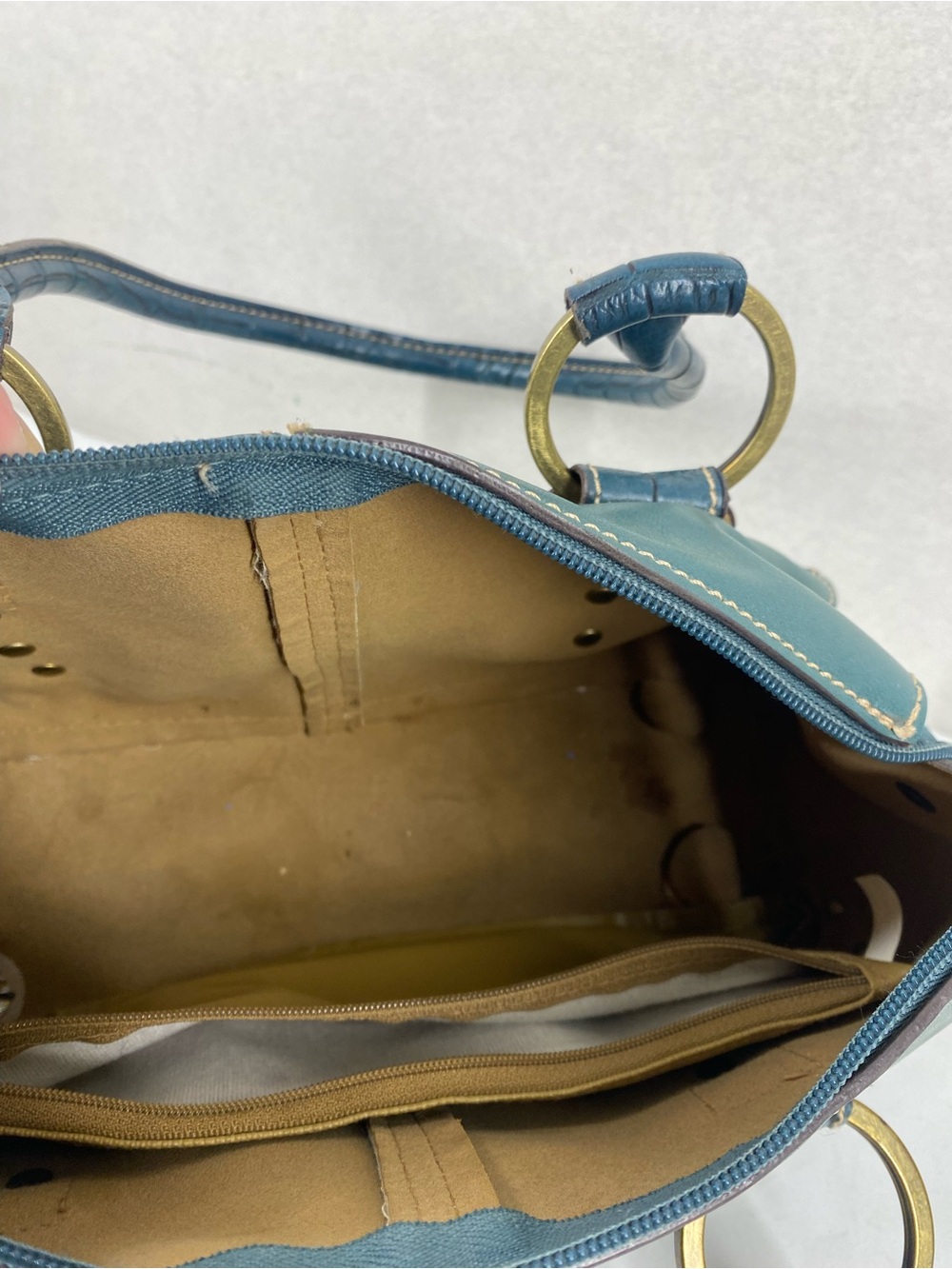 Teal Leather Barrel Tote with Gold Ring Handles - Picture 5 of 6